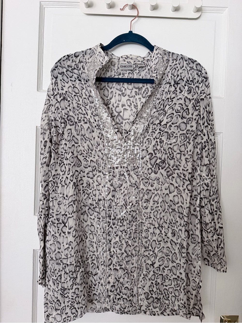 Chico's Cream and Gray Leopard-Print Sequin V-Neck Tunic